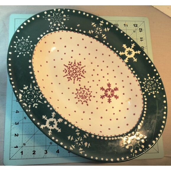 Christmas Snowflake Platter Oval Serving Green White Vintage 2003 Steamboat CO - Picture 5 of 5